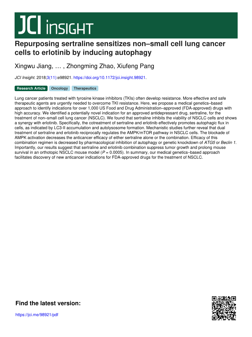 Repurposing Sertraline Sensitizes Non–Small Cell Lung Cancer Cells to Erlotinib by Inducing Autophagy