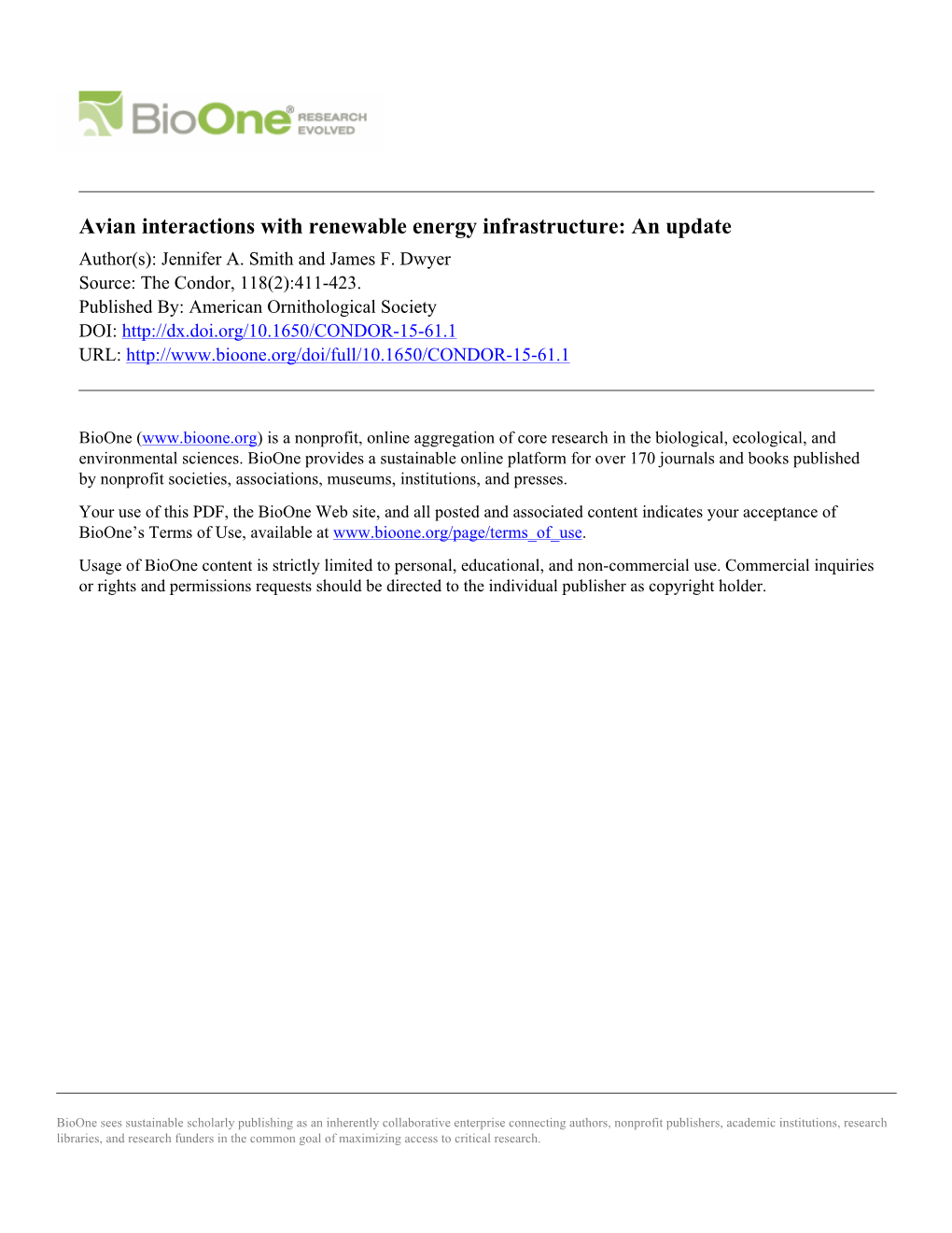 Avian Interactions with Renewable Energy Infrastructure: an Update Author(S): Jennifer A