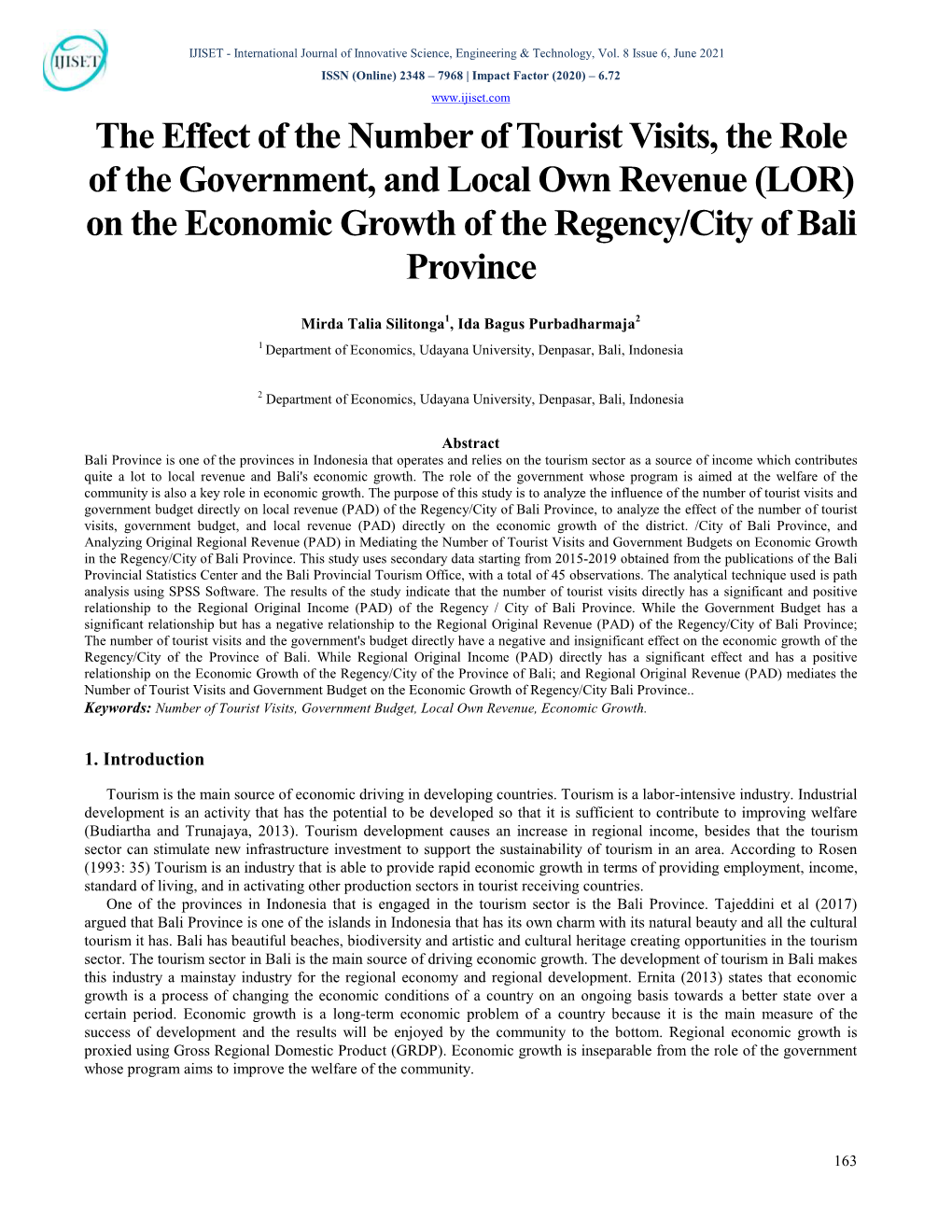 (LOR) on the Economic Growth of the Regency/City of Bali Province