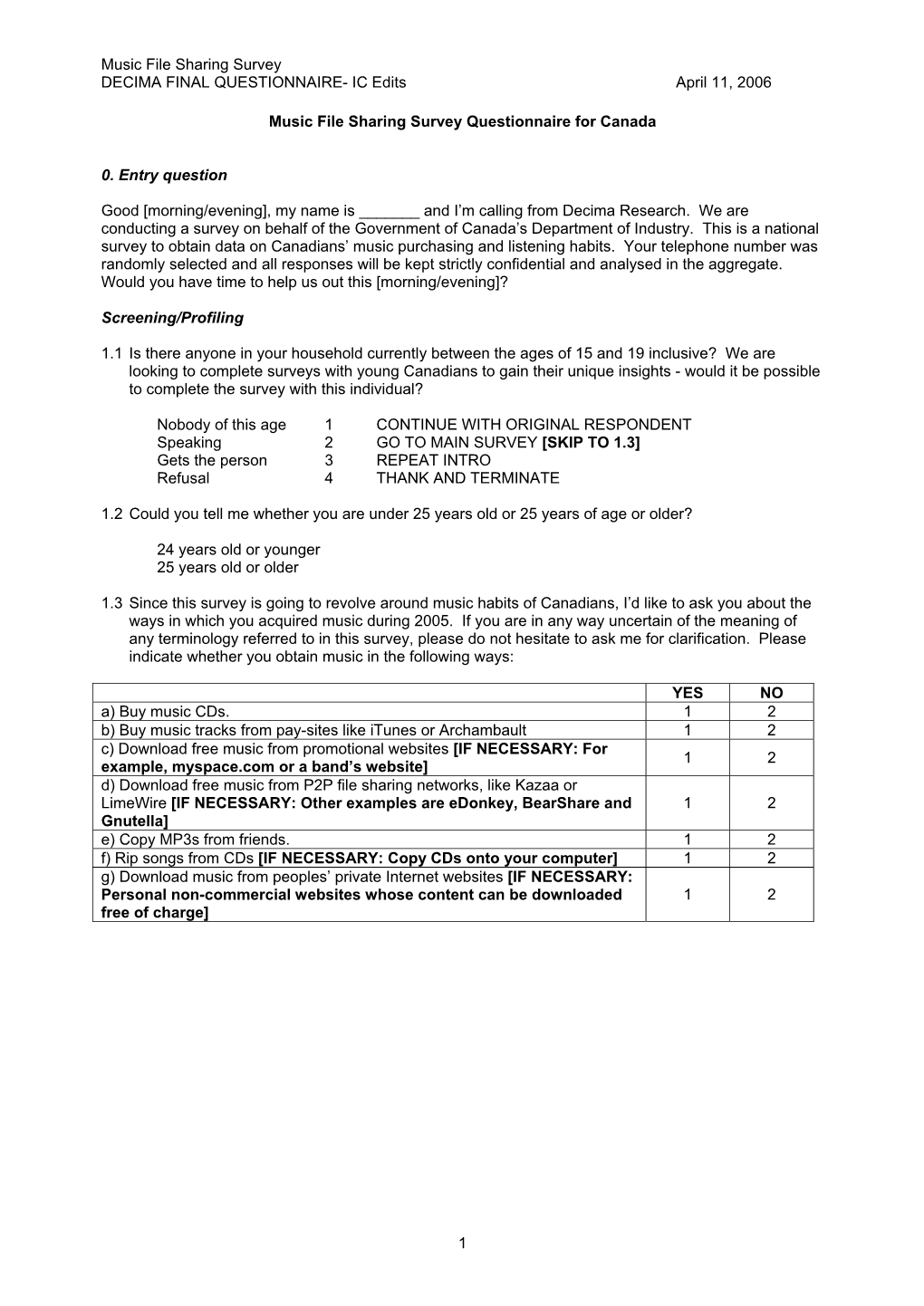 Music File Sharing Survey Questionnaire for Canada