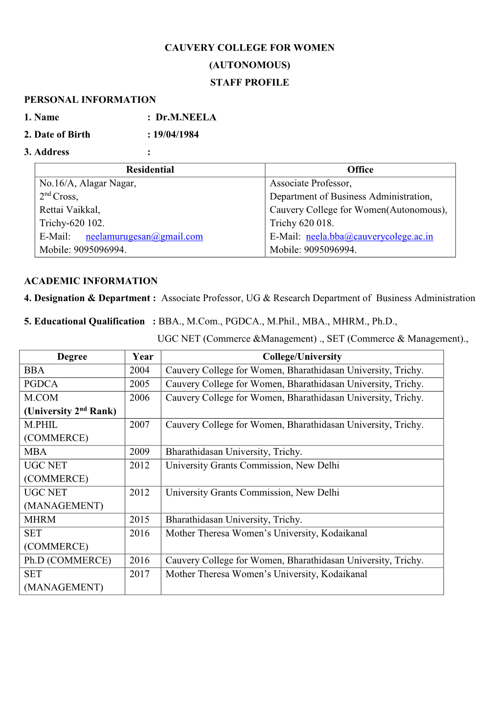 Cauvery College for Women (Autonomous) Staff Profile Personal Information 1