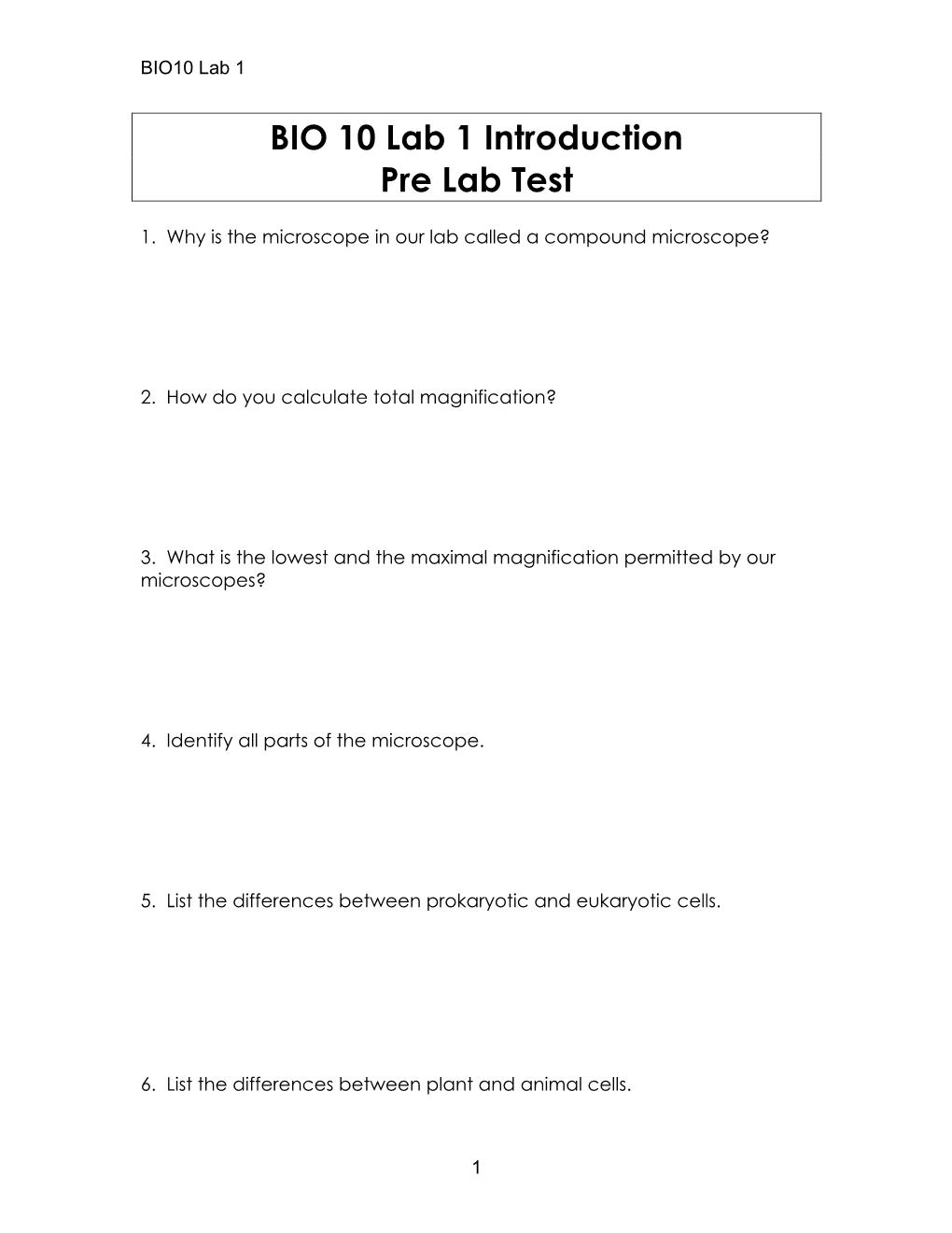 BIO 10 Lab 1 Introduction Pre Lab Test