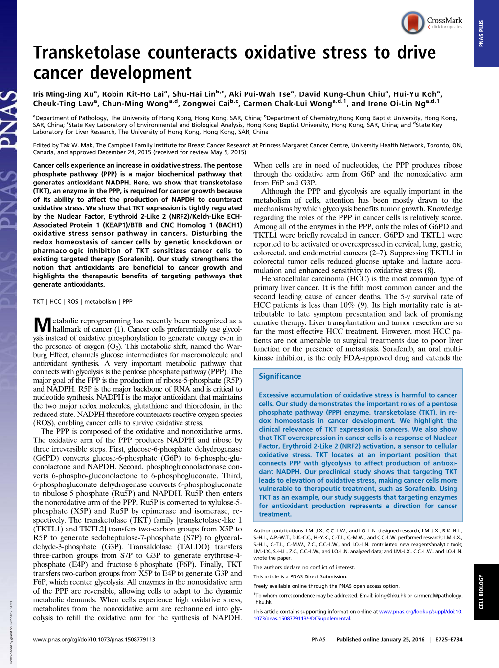 Transketolase Counteracts Oxidative Stress to Drive Cancer Development