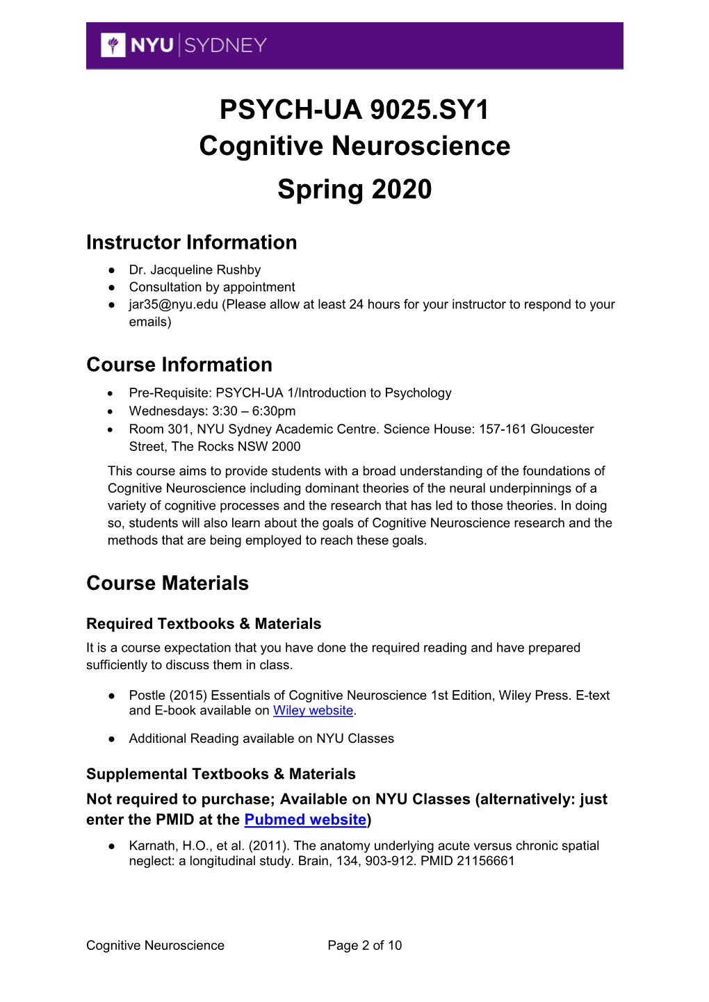 PSYCH-UA 9025.SY1 Cognitive Neuroscience Spring 2020