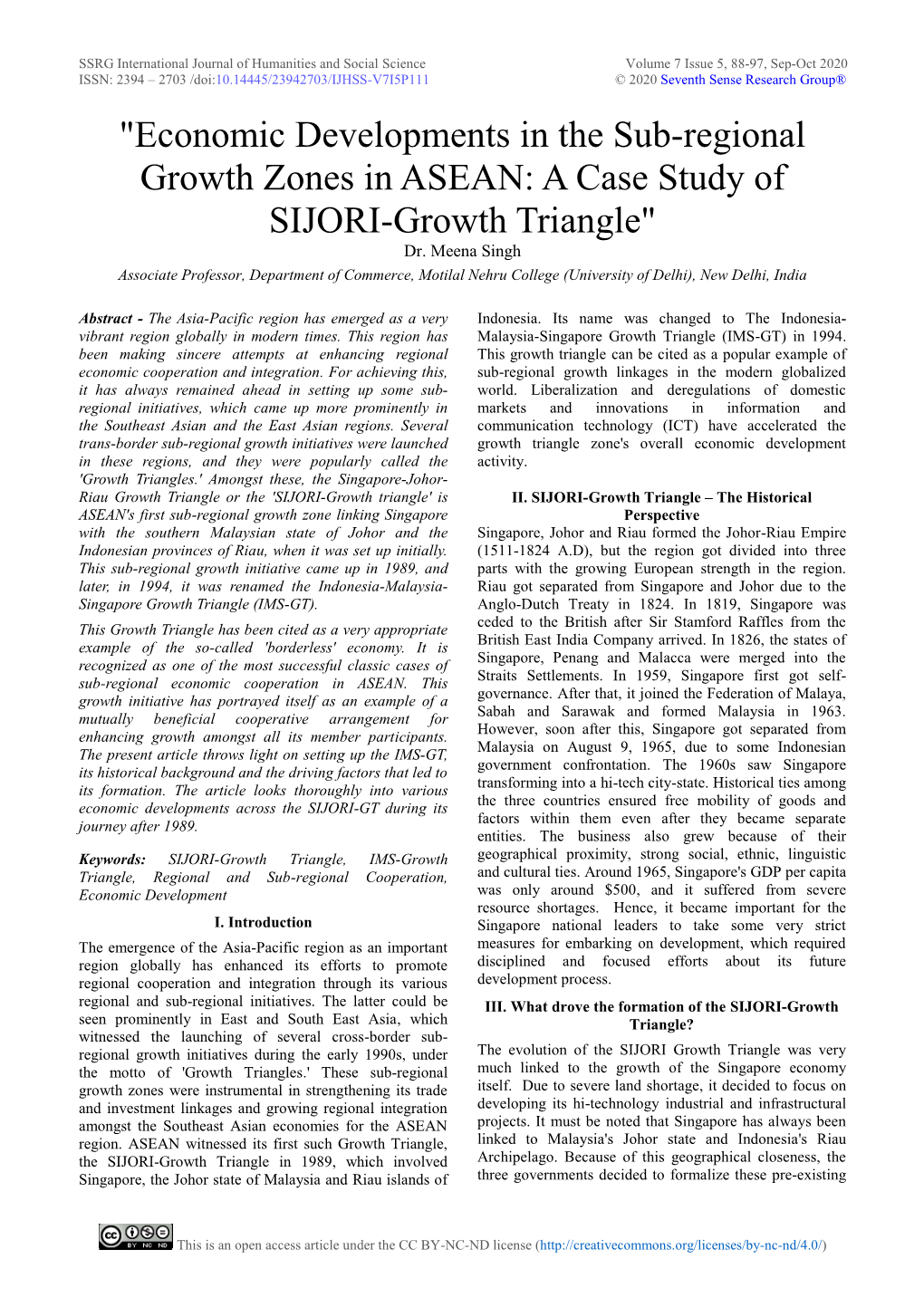 Economic Developments in the Sub-Regional Growth Zones in ASEAN: a Case Study of SIJORI-Growth Triangle