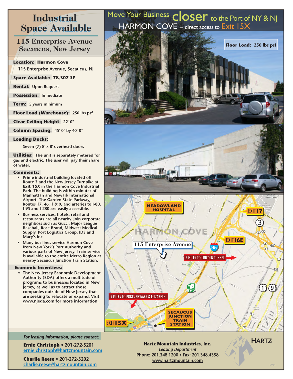 HARMON COVE – Direct Access to Exit 15X 115 Enterprise Avenue Floor Load: 250 Lbs Psf Secaucus, New Jersey