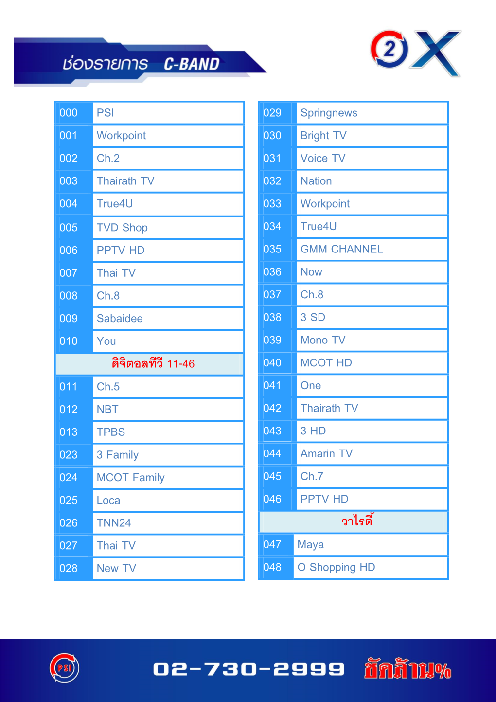000 PSI 001 Workpoint 002 Ch.2 003 Thairath TV 004 True4u 005 TVD