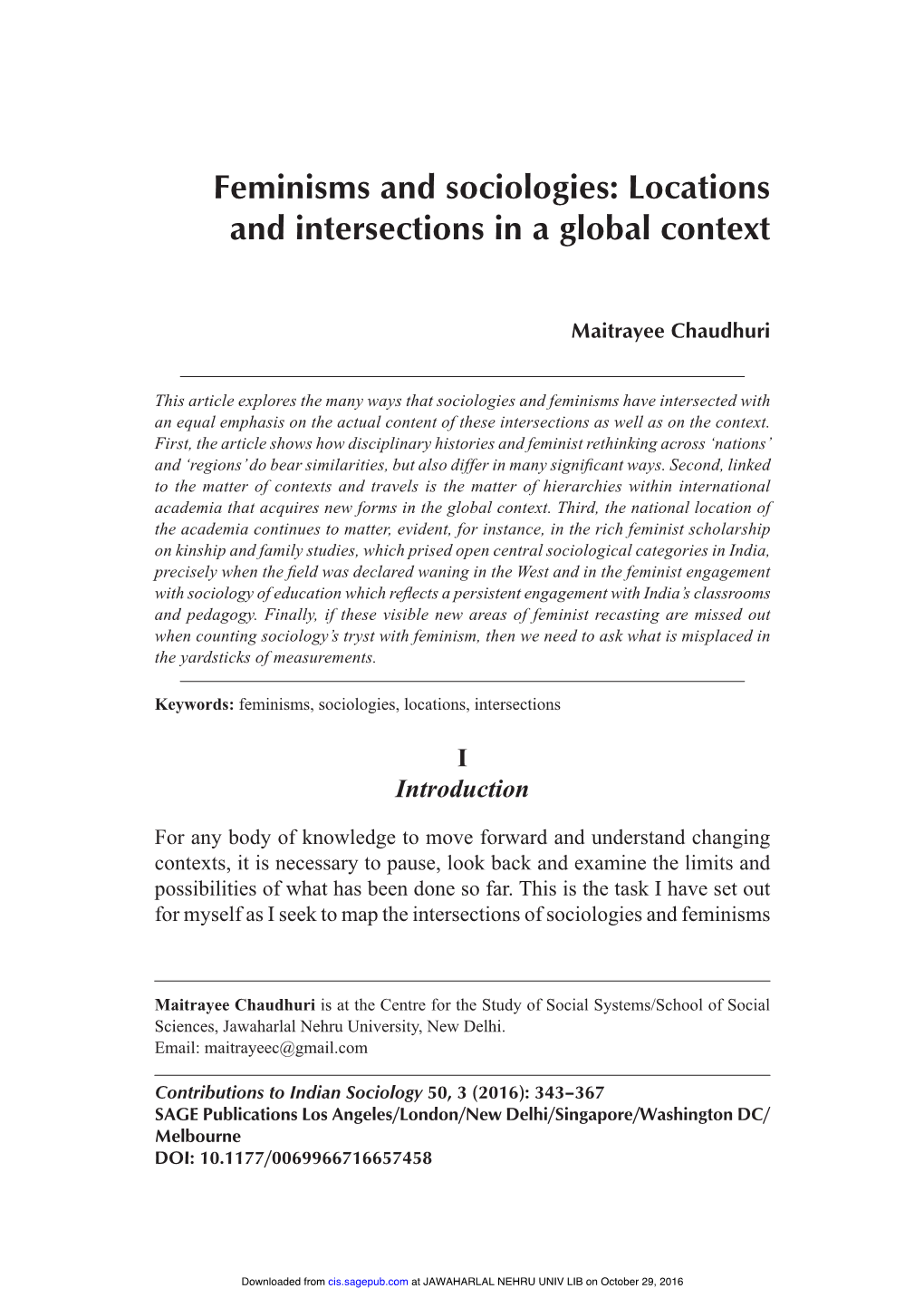 Feminisms and Sociologies: Locations and Intersections in a Global Context