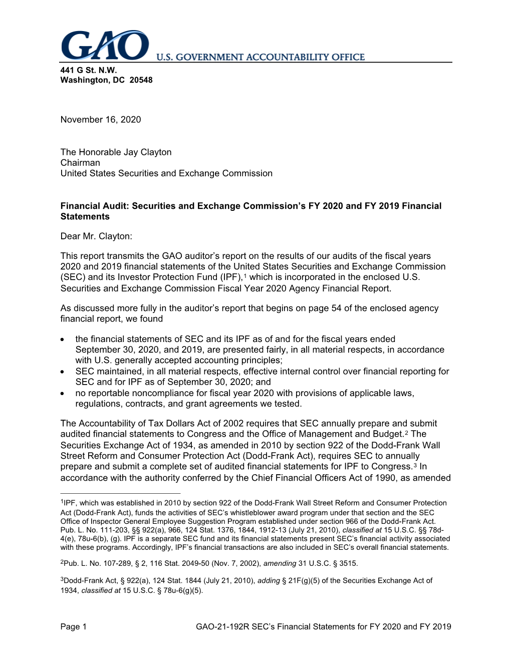 Securities and Exchange Commission's FY 2020 and FY