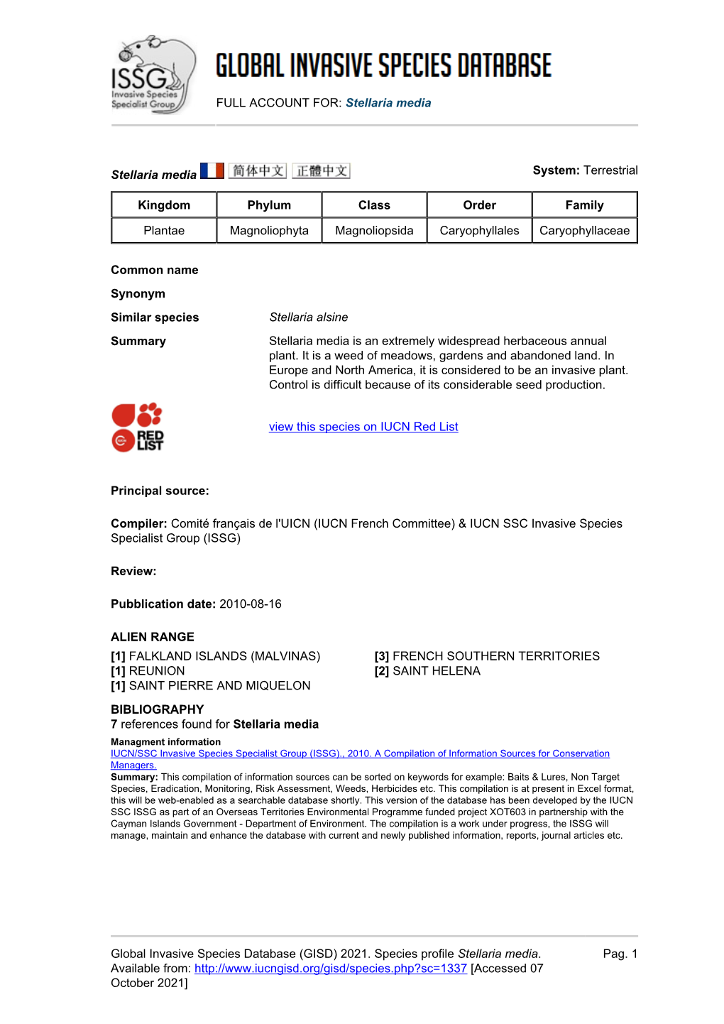 (GISD) 2021. Species Profile Stellaria Media. Available From