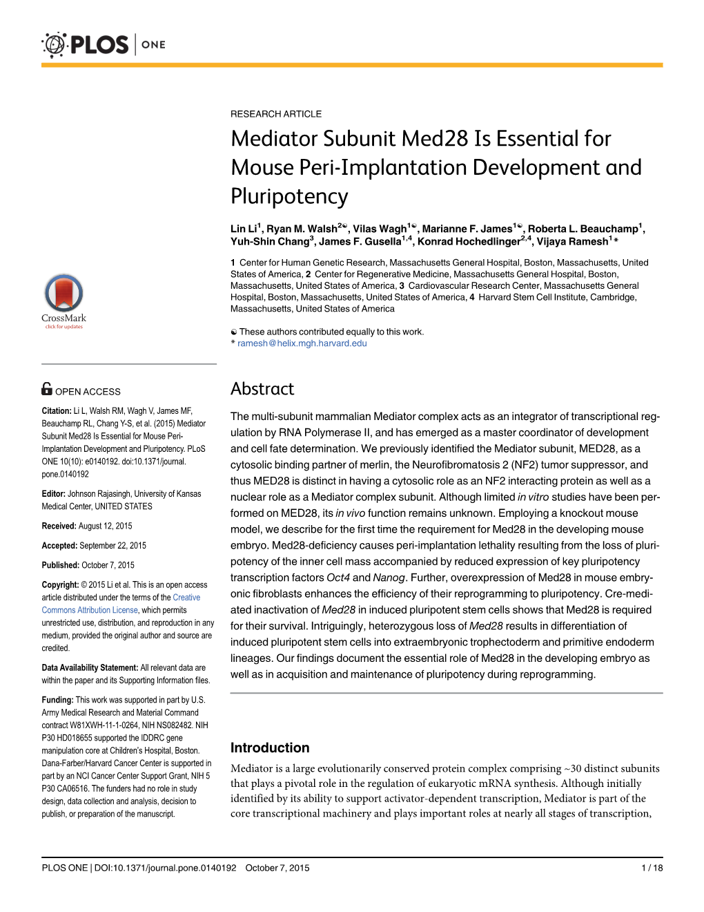 Mediator Subunit Med28 Is Essential for Mouse Peri-Implantation Development and Pluripotency