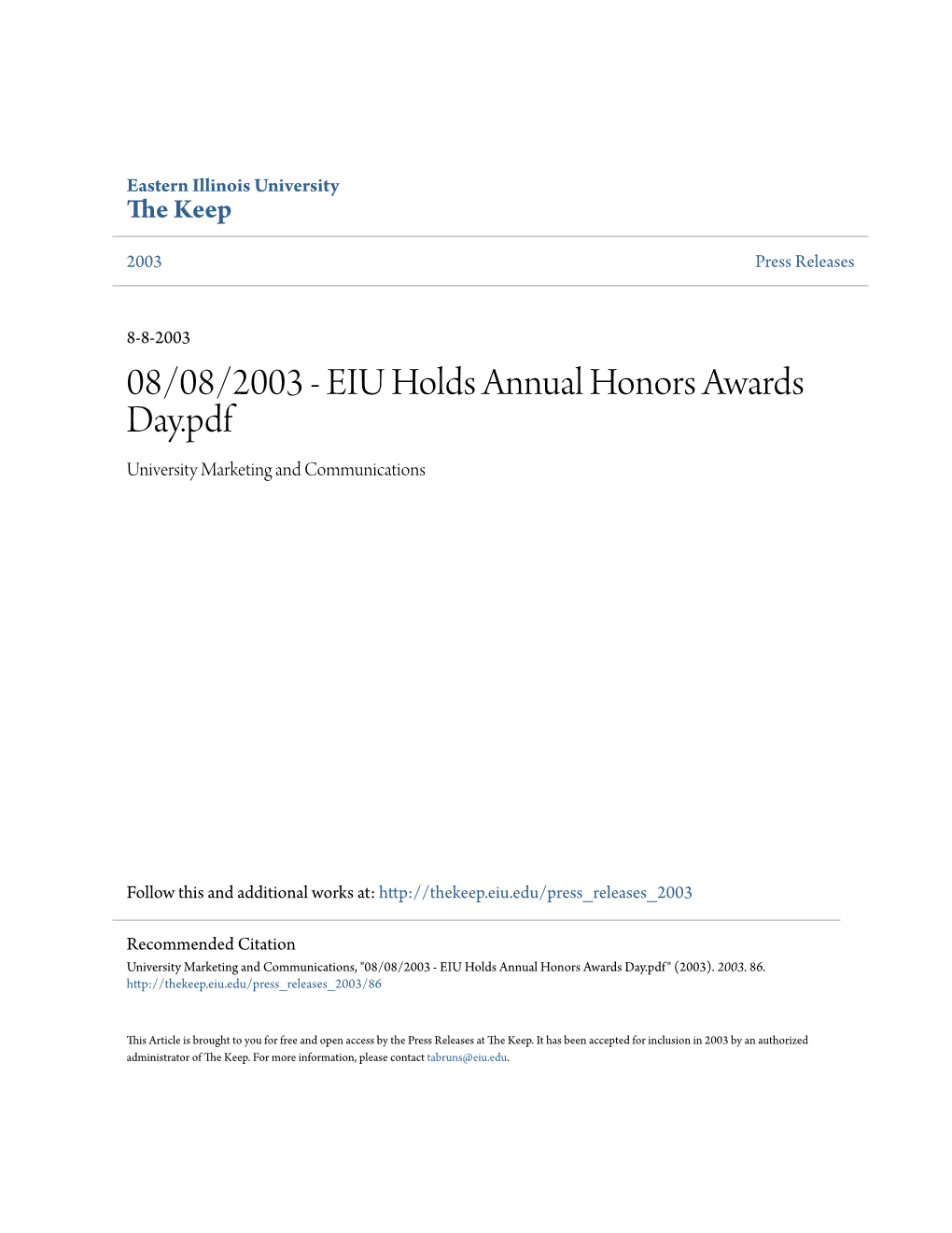 08/08/2003 - EIU Holds Annual Honors Awards Day.Pdf University Marketing and Communications