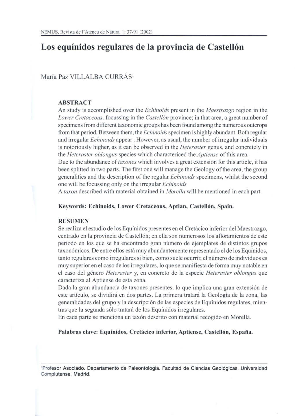 Los Equínidos Regulares De La Provincia De Castellón P. 37-92