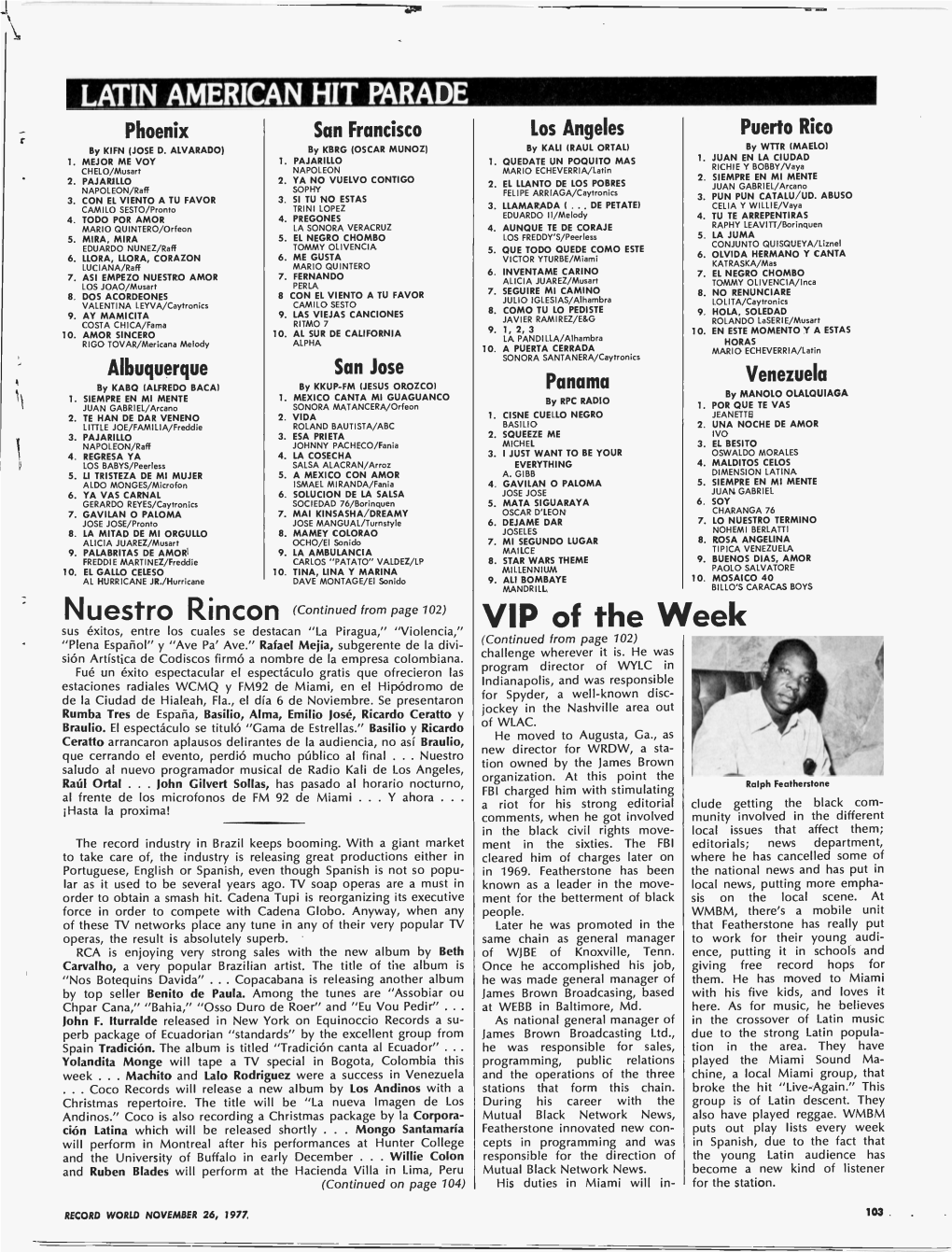 VIP of the Week "Plena Espanol" Y "Ave Pa' Ave." Rafael Mejia, Subgerente De La Divi- (Continued from Page 102) Is