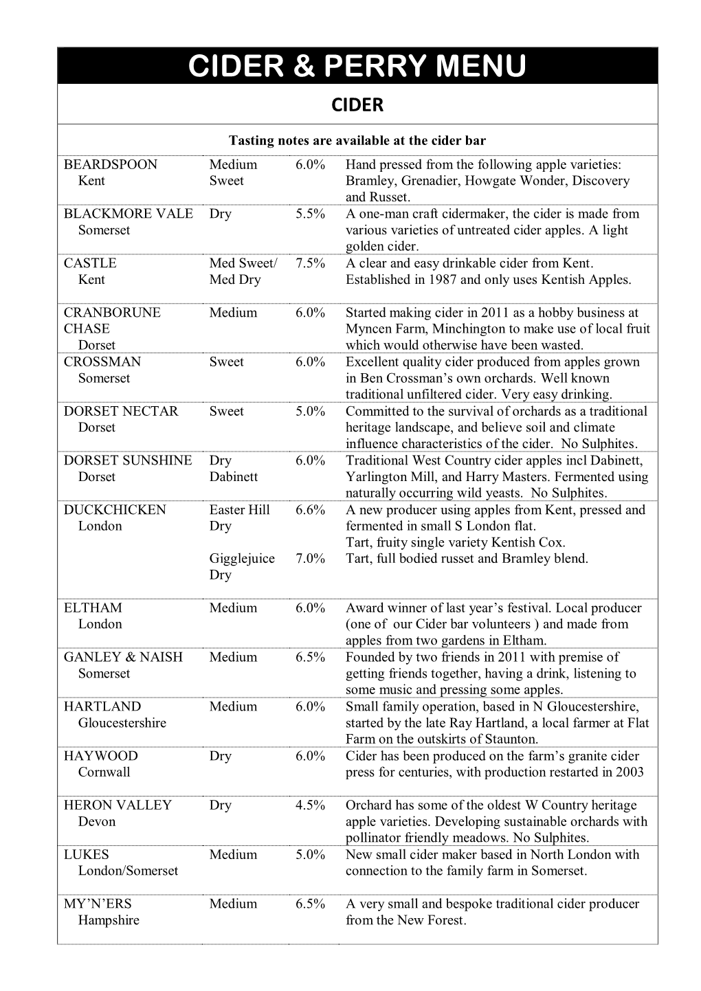 Cider & Perry Menu