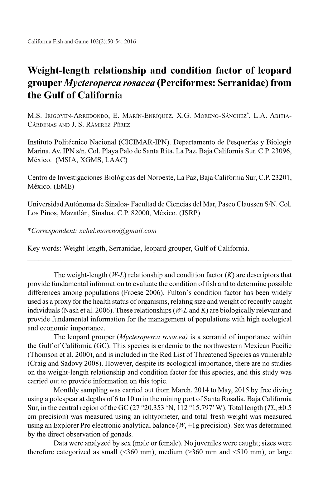 Weight-Length Relationship and Condition Factor of Leopard Grouper Mycteroperca Rosacea (Perciformes: Serranidae) from the Gulf of California