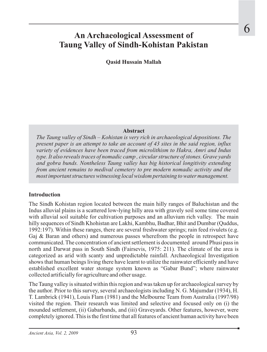 An Archaeological Assessment of Taung Valley of Sindh-Kohistan Pakistan