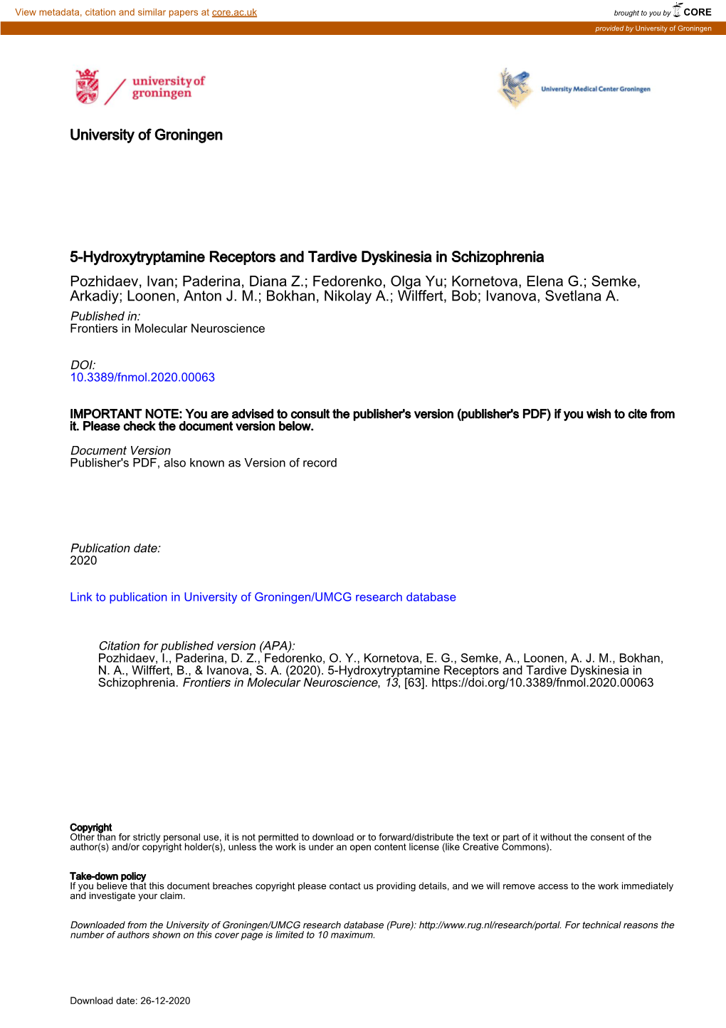 University of Groningen 5-Hydroxytryptamine