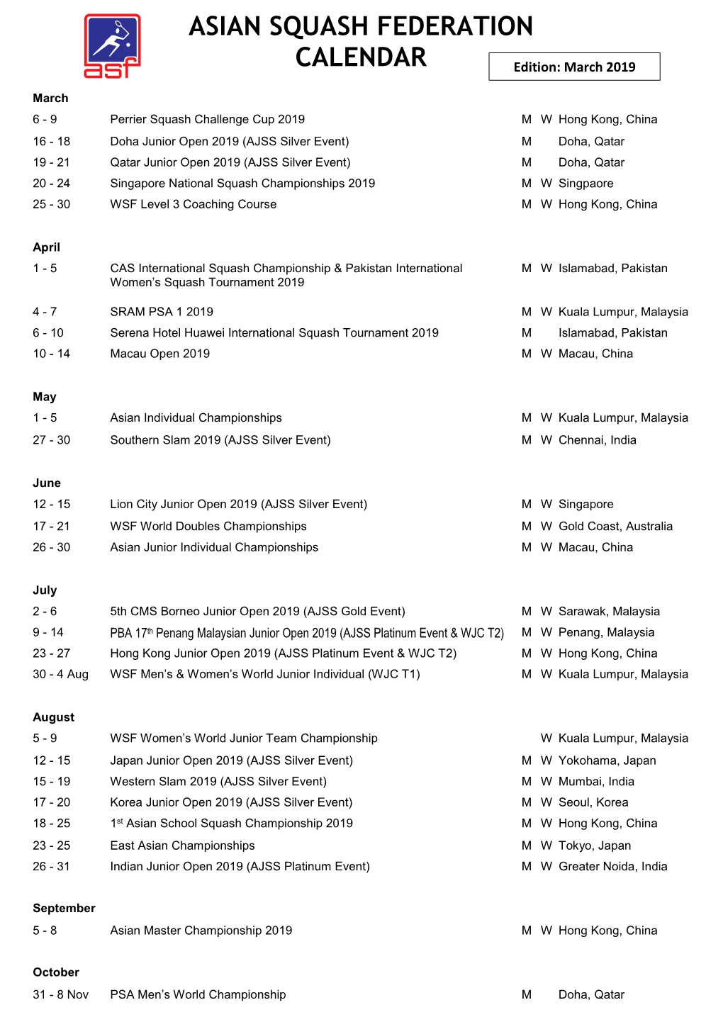 Asian Squash Federation Calendar