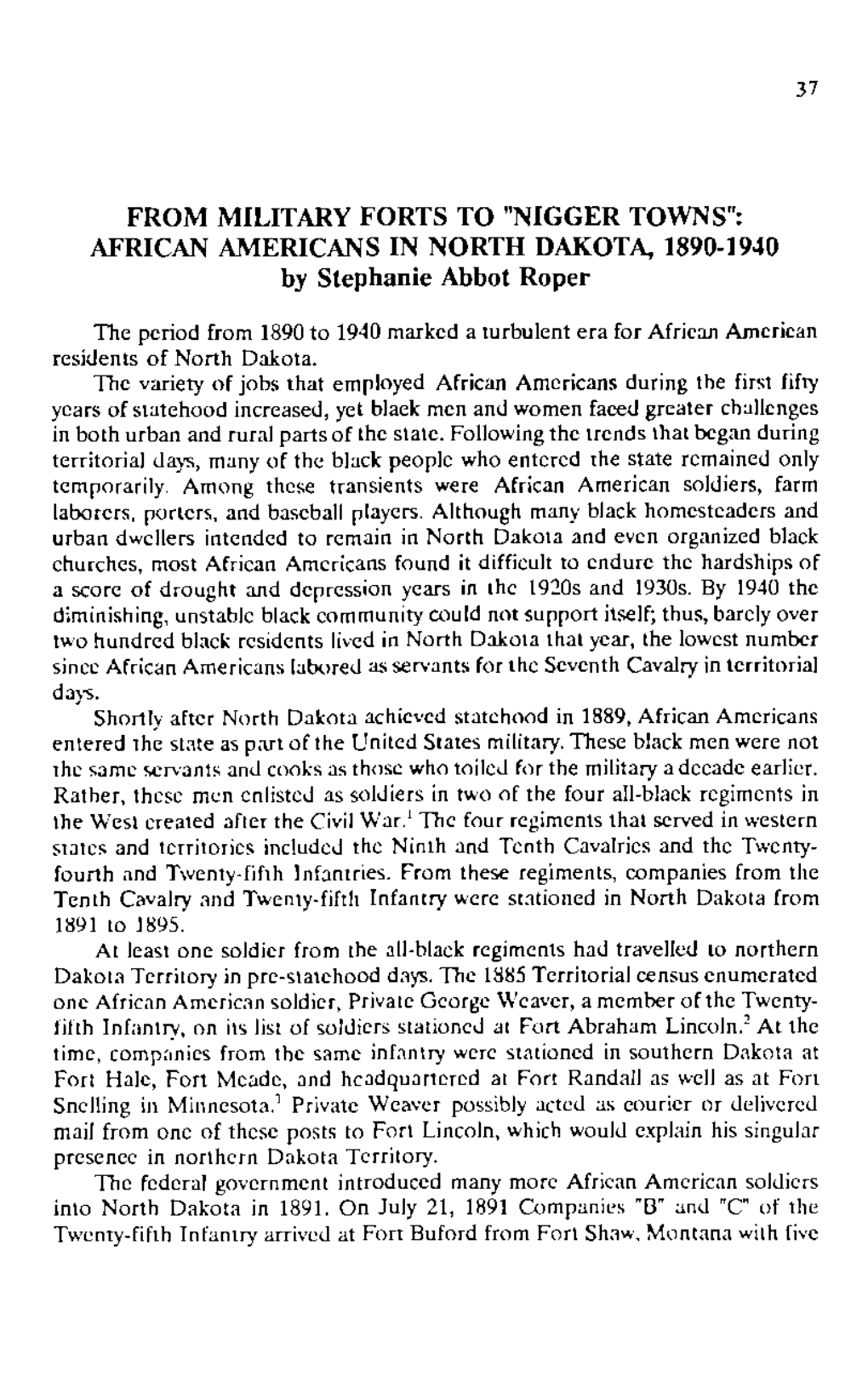 "Nigger Towns": African Americans in North Dakota, 1890-1940