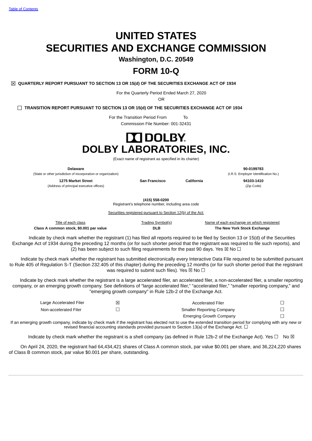 United States Securities and Exchange Commission Dolby Laboratories, Inc