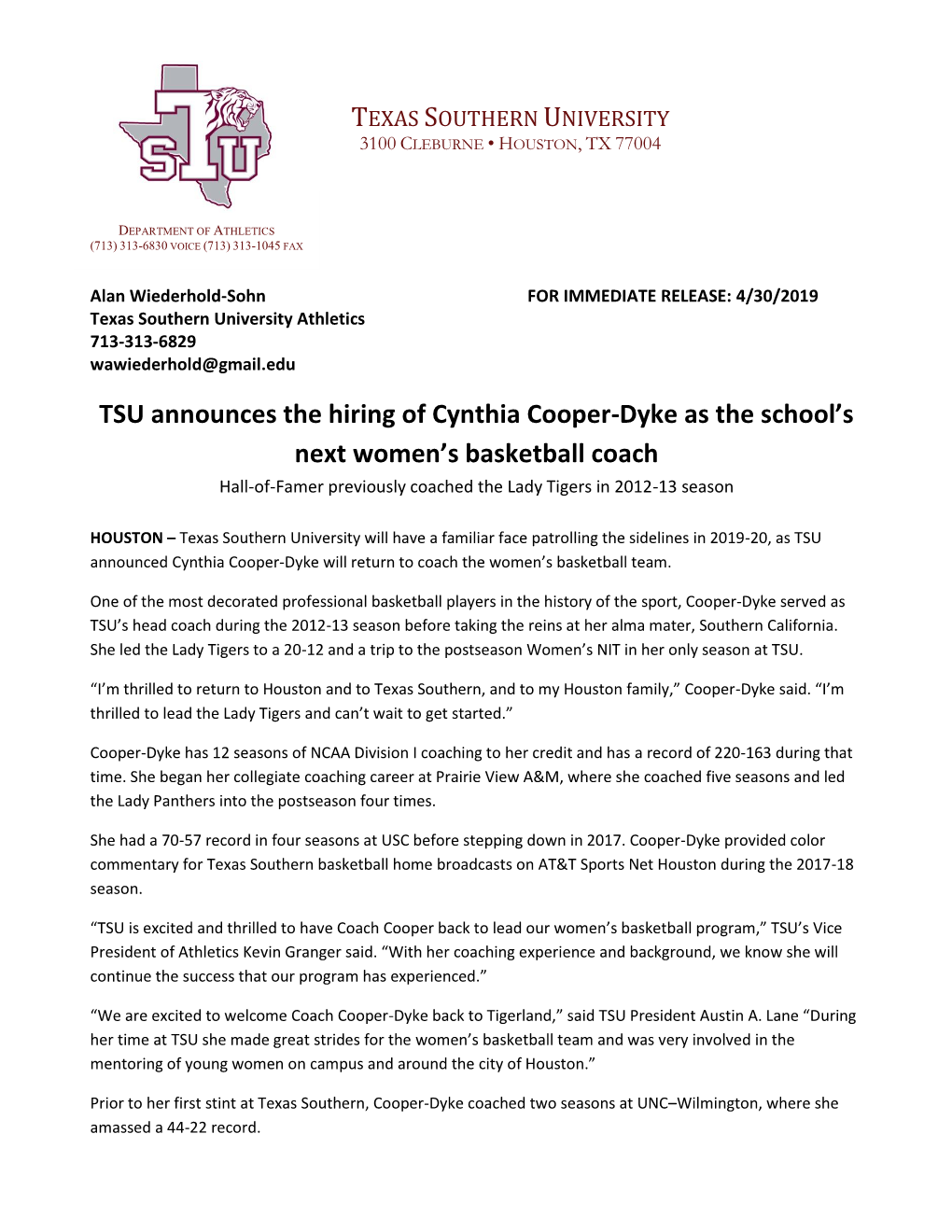 TSU Announces the Hiring of Cynthia Cooper-Dyke As the School's Next