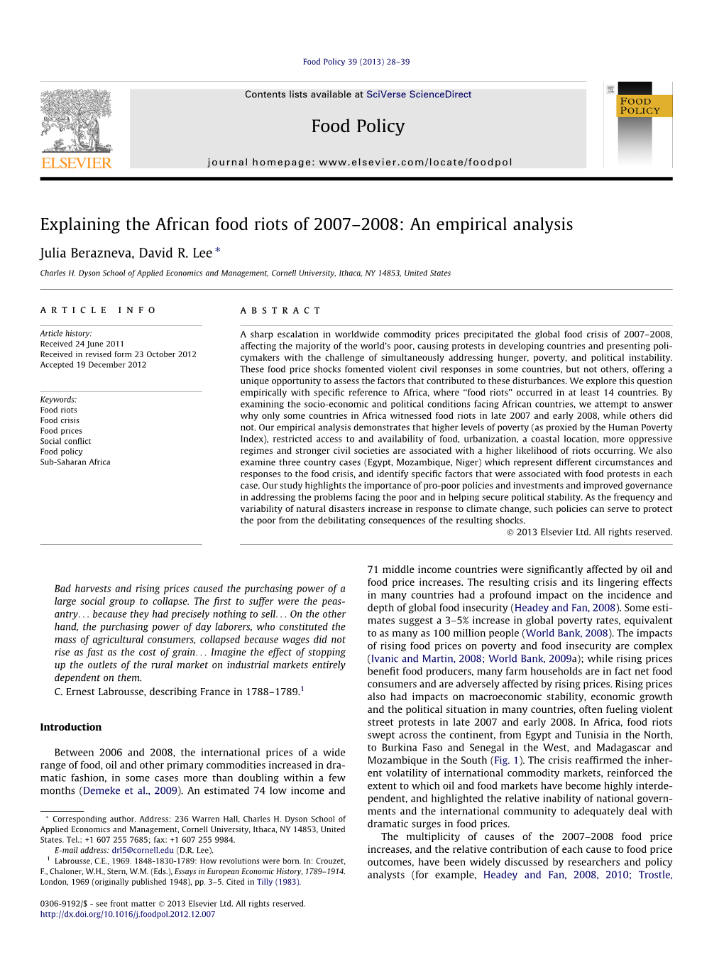 Explaining the African Food Riots of 2007В€“2008: an Empirical Analysis