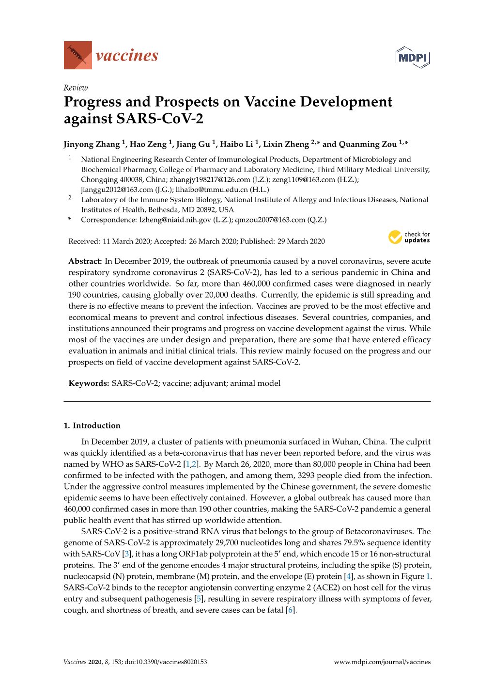 Progress and Prospects on Vaccine Development Against SARS-Cov-2