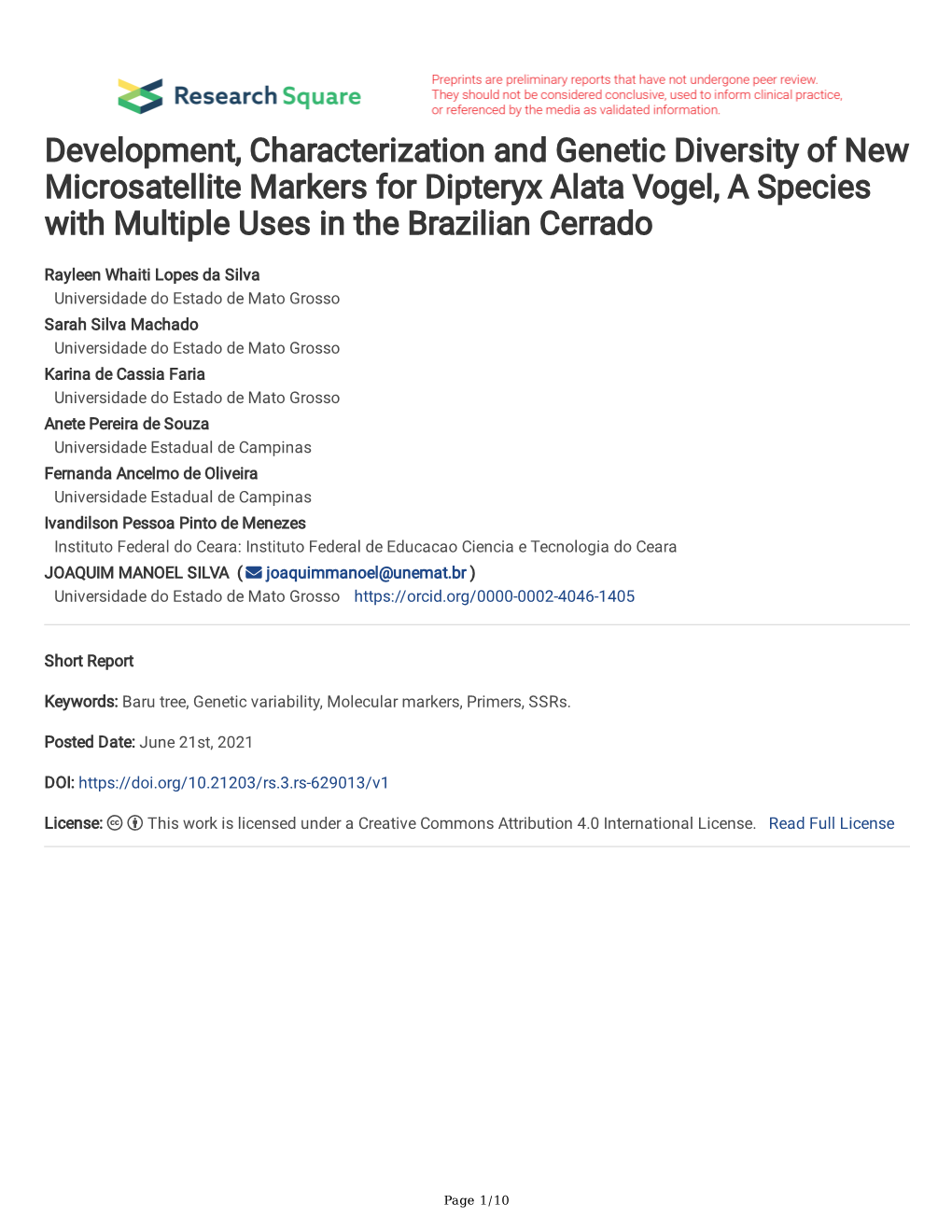 Development, Characterization and Genetic Diversity of New Microsatellite Markers for Dipteryx Alata Vogel, a Species with Multiple Uses in the Brazilian Cerrado