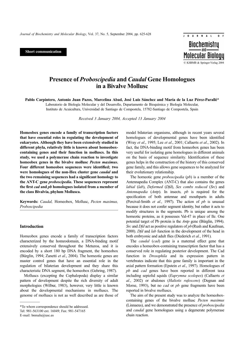 Presence of Proboscipedia and Caudal Gene Homologues in a Bivalve Mollusc