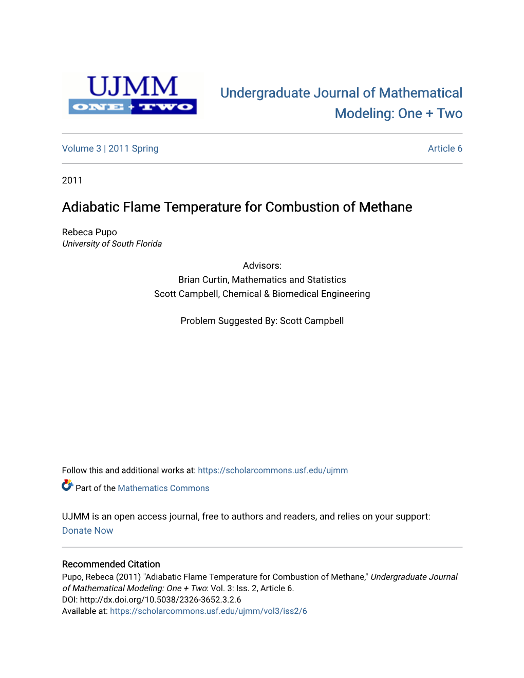 Adiabatic Flame Temperature for Combustion of Methane