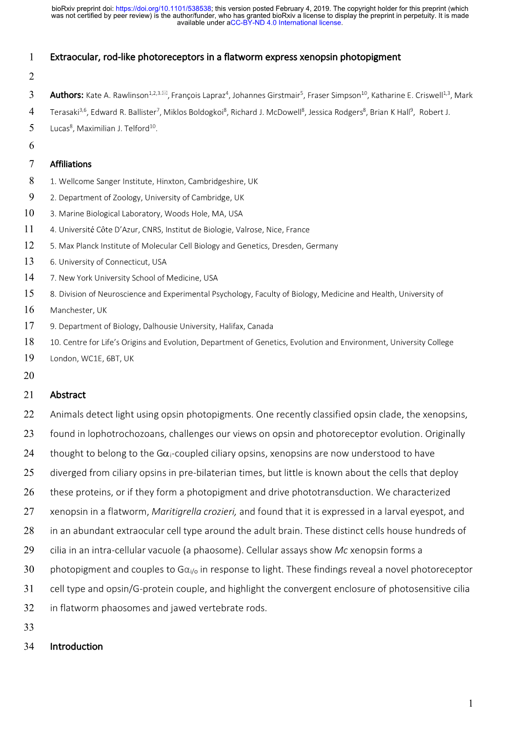 Extraocular, Rod-Like Photoreceptors in a Flatworm Express Xenopsin Photopigment 2 3 Authors: Kate A