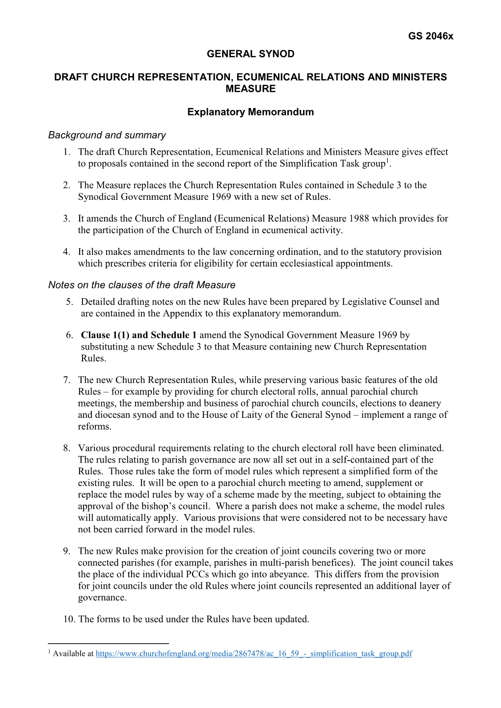 GS 2046X GENERAL SYNOD DRAFT CHURCH REPRESENTATION