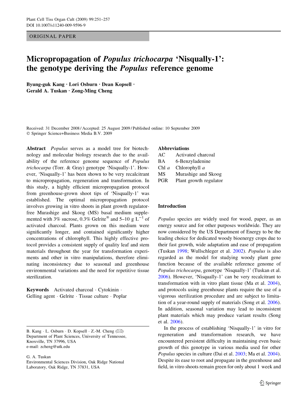 Micropropagation of Populus Trichocarpa ‘Nisqually-1’: the Genotype Deriving the Populus Reference Genome