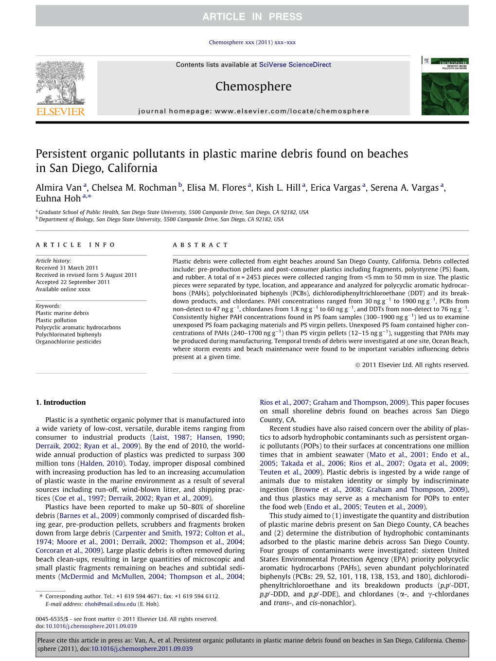 Persistent Organic Pollutants in Plastic Marine Debris Found on Beaches in San Diego, California