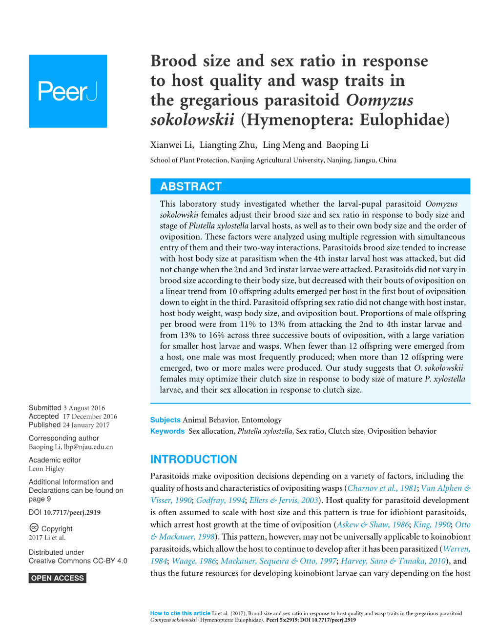 Brood Size and Sex Ratio in Response to Host Quality and Wasp Traits in the Gregarious Parasitoid Oomyzus Sokolowskii (Hymenoptera: Eulophidae)
