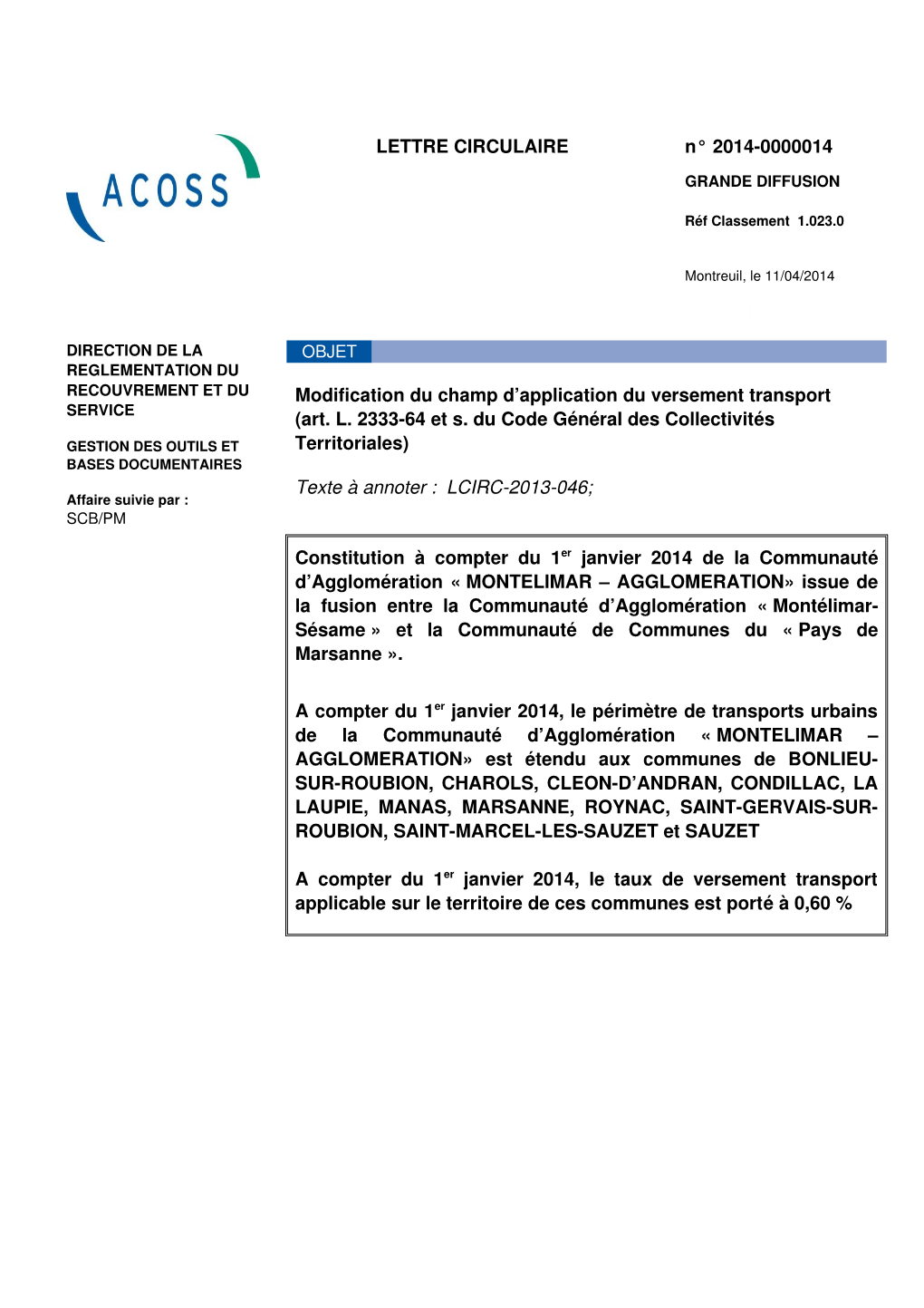LETTRE CIRCULAIRE N° 20140000014 Modification Du Champ D'application Du Versement Transport