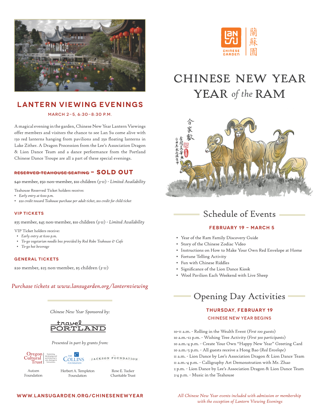 Chinese New Year Year of the Ram Lantern Viewing Evenings March 2-5, 6:30-8:30 P.M