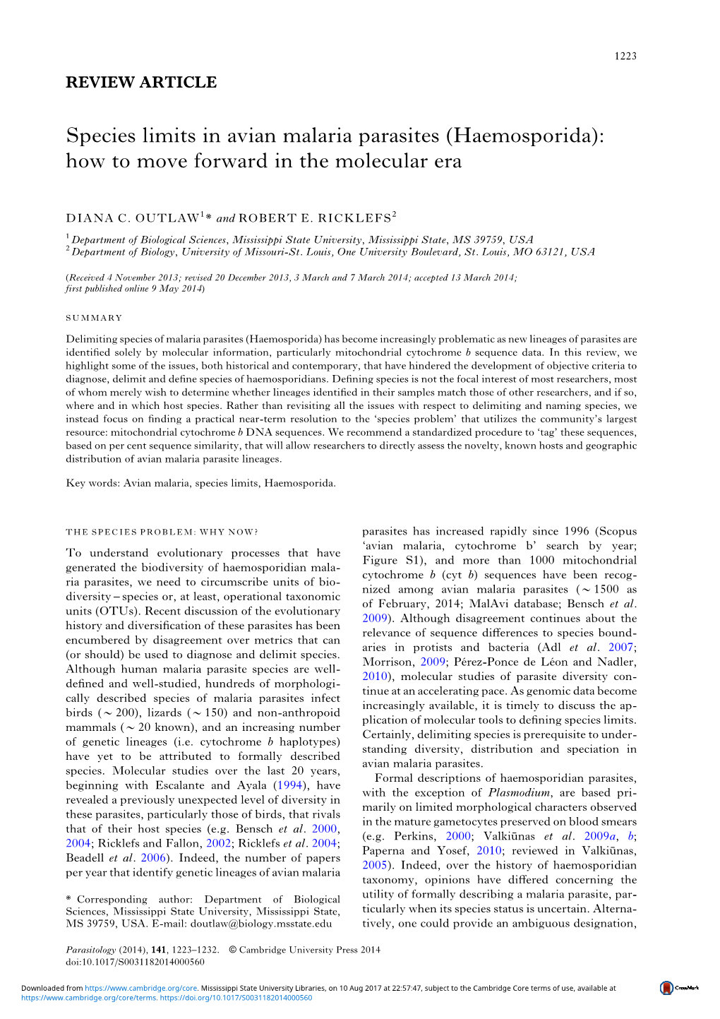 Species Limits in Avian Malaria Parasites (Haemosporida): How to Move Forward in the Molecular Era