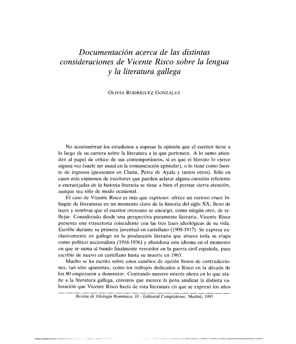 Documentación Acerca De Las Distintas Consideraciones De Vicente Risco Sobre La Lengua Y La Literatura Gallega