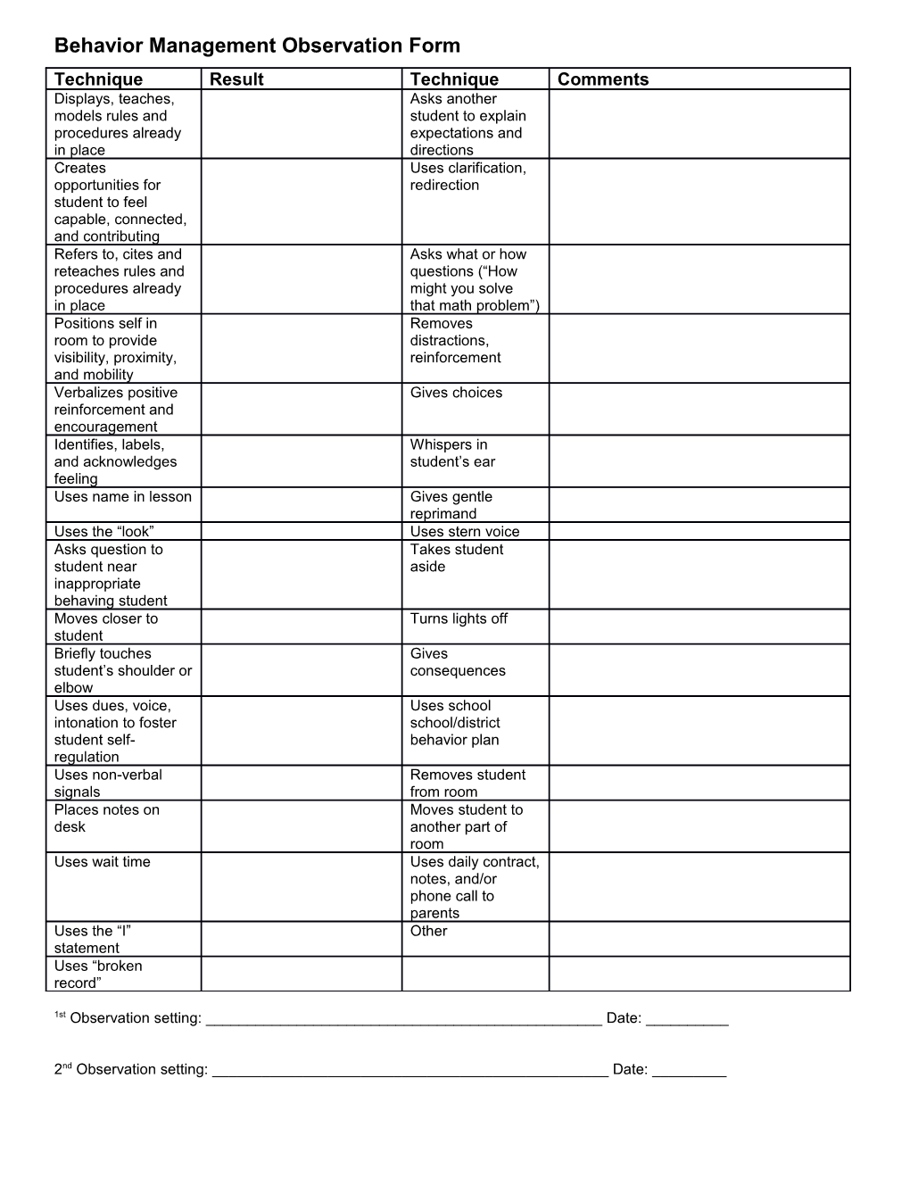 Behavior Management Observation Form