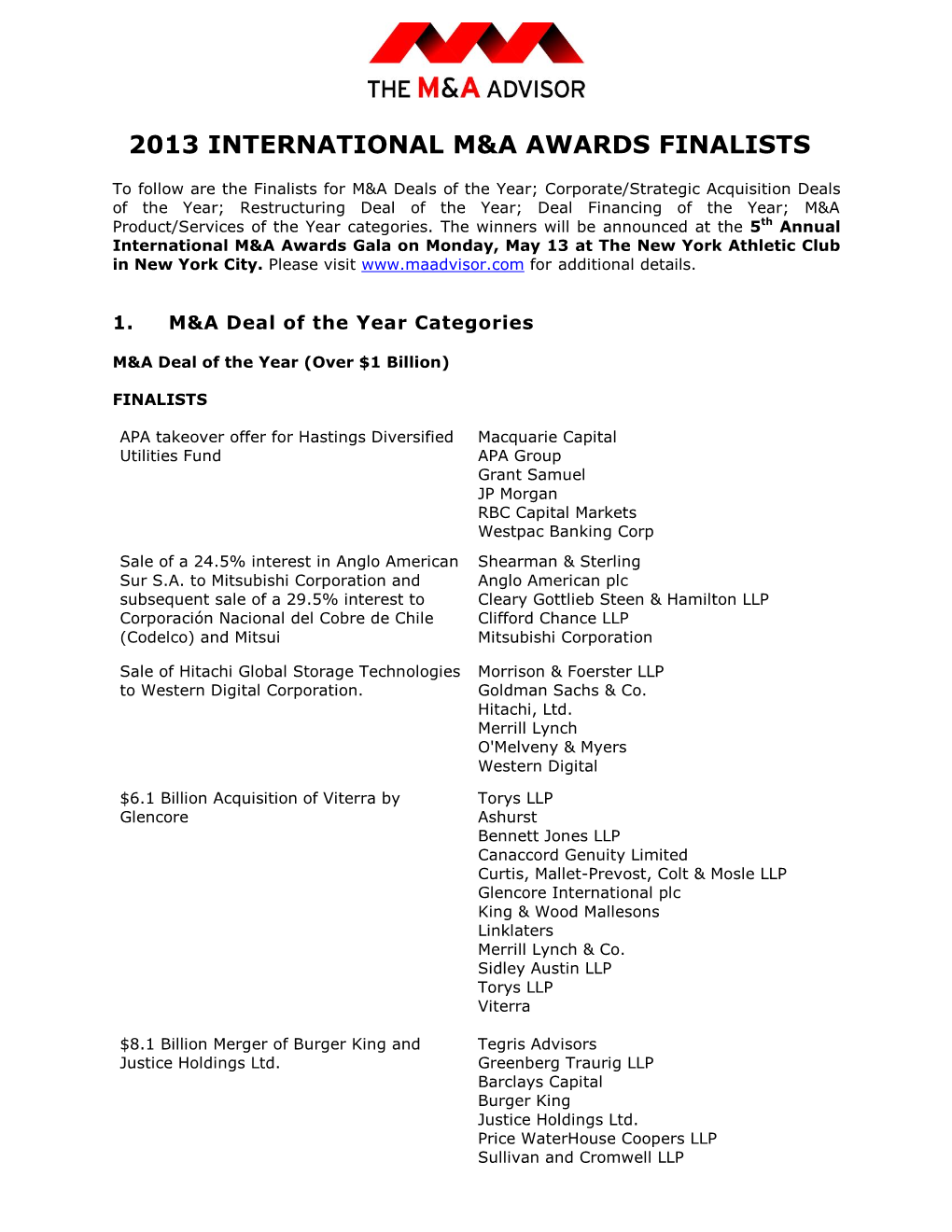 2013 International M&A Awards Finalists