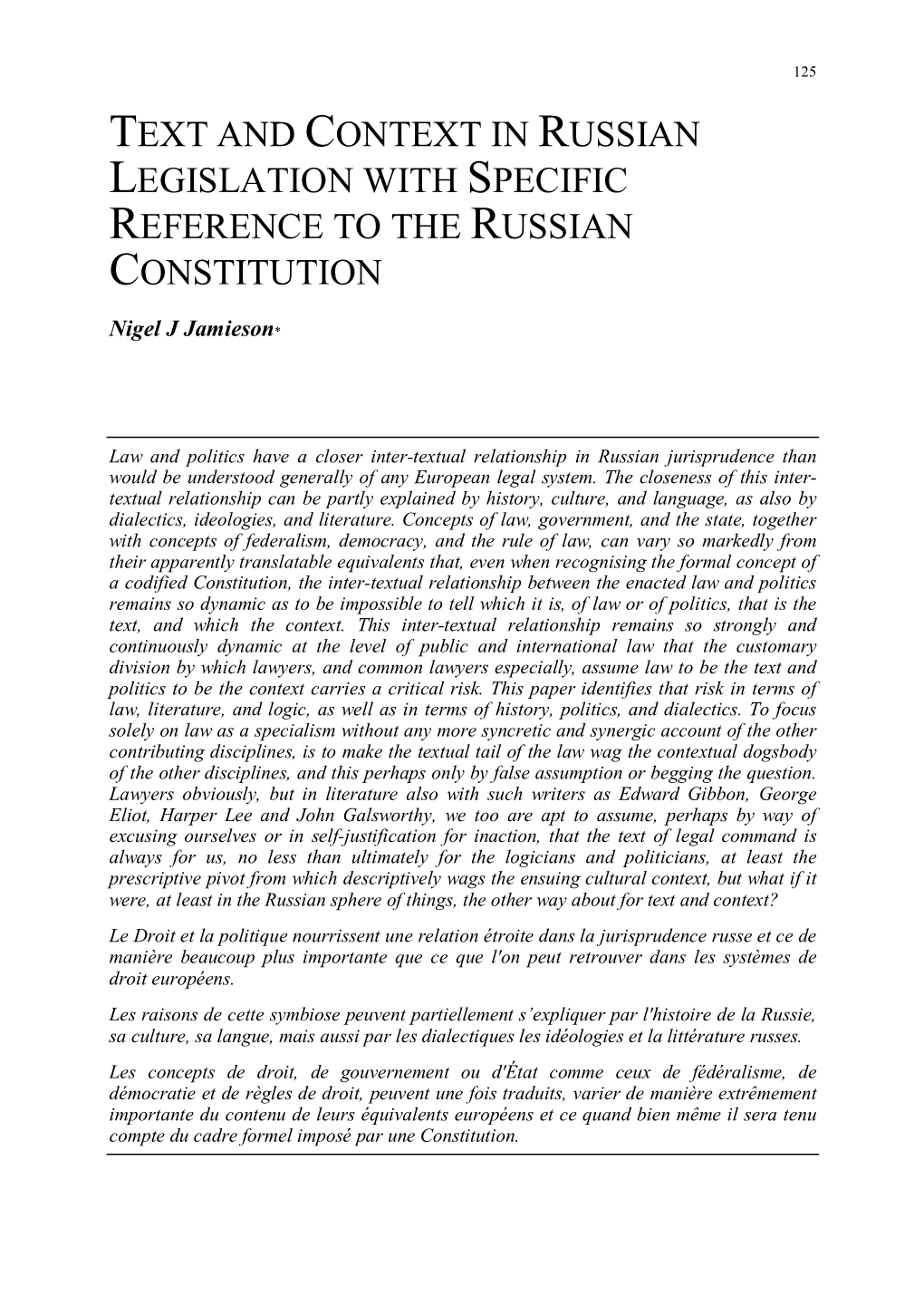 Text and Context in Russian Legislation with Specific Reference to the Russian Constitution