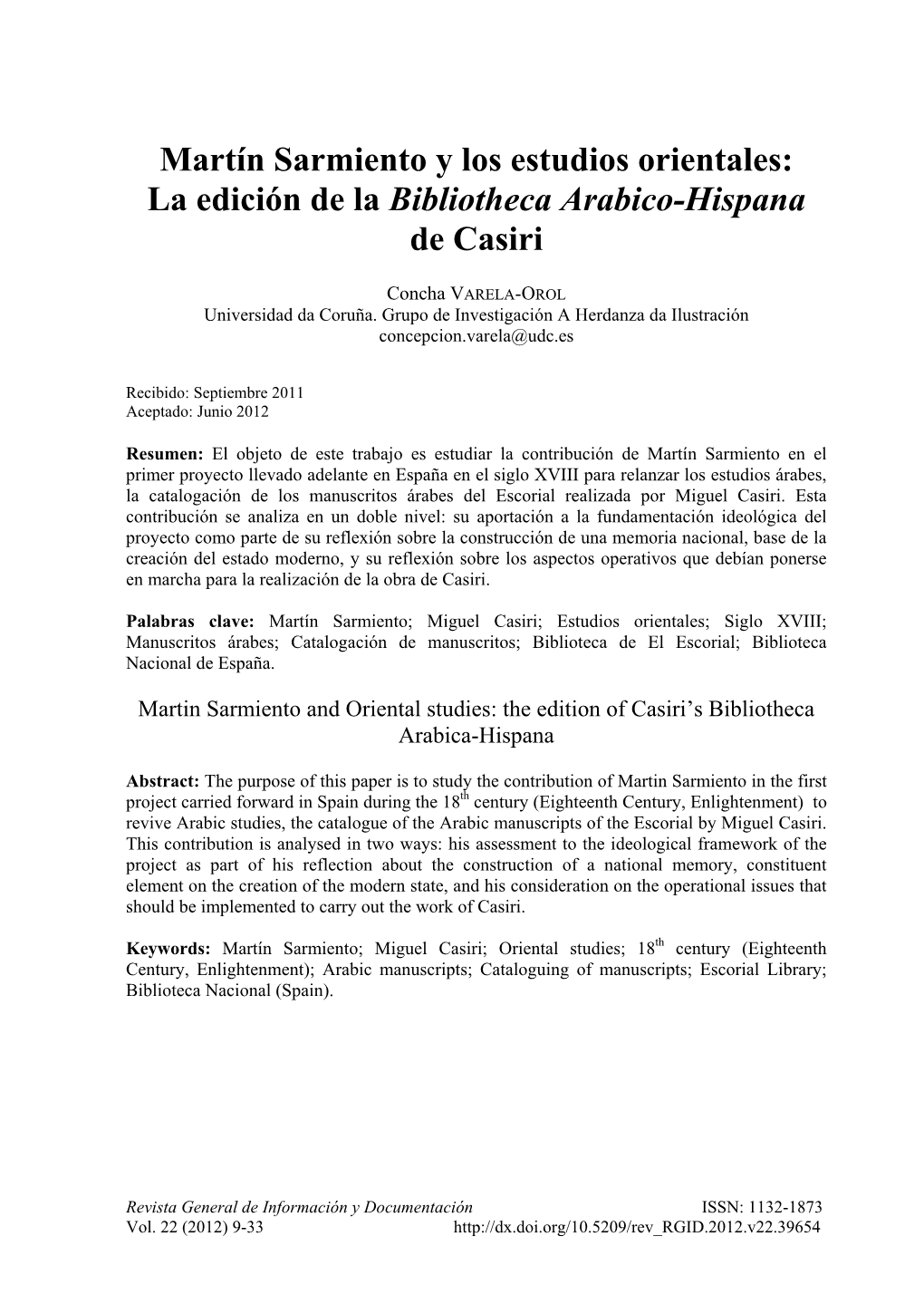 Martín Sarmiento Y Los Estudios Orientales: La Edición De La Bibliotheca Arabico-Hispana De Casiri
