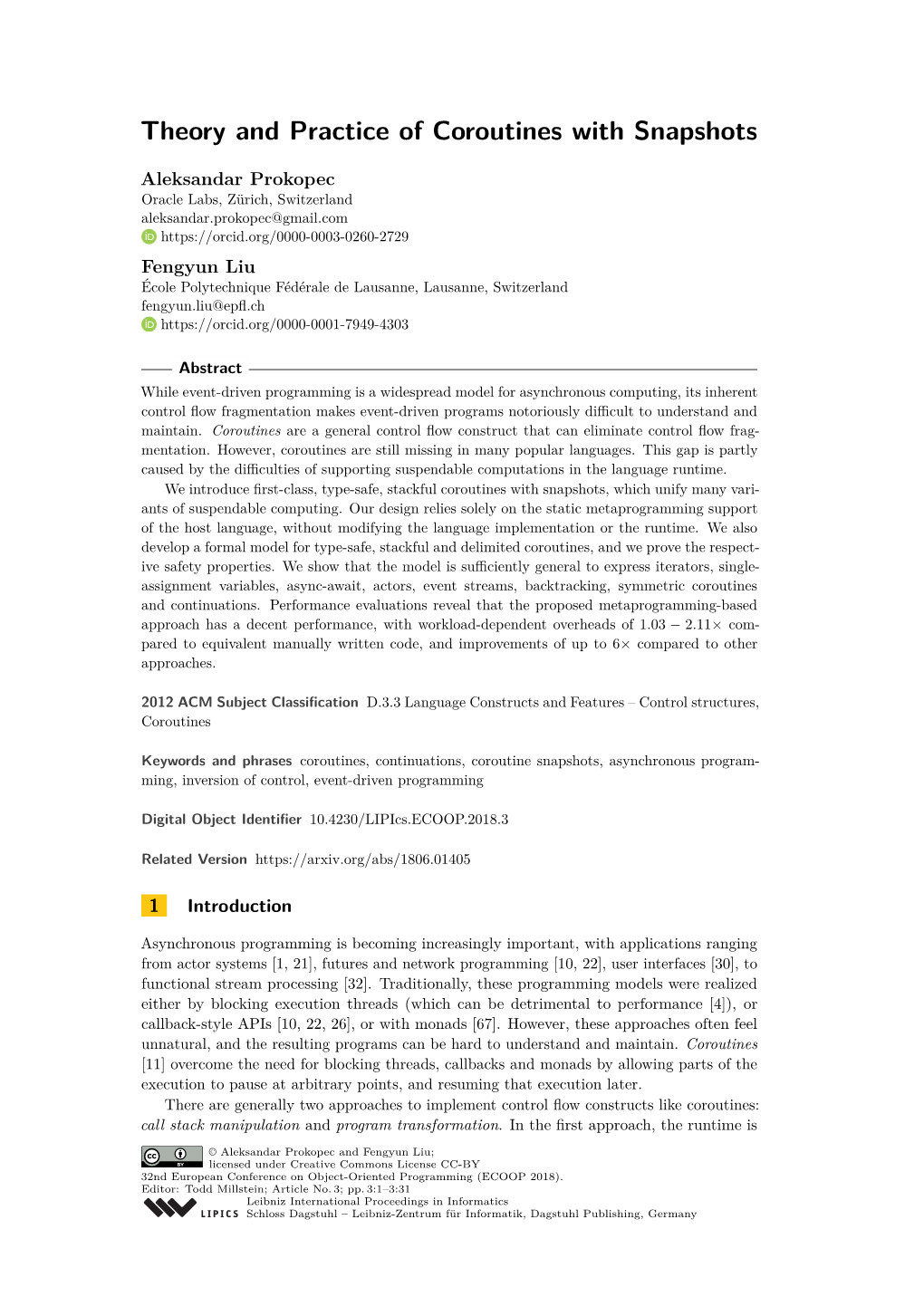 Theory and Practice of Coroutines with Snapshots