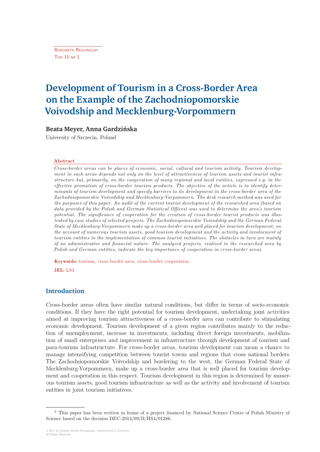 Development of Tourism in a Cross-Border Area on the Example of the Zachodniopomorskie Voivodship and Mecklenburg-Vorpommern