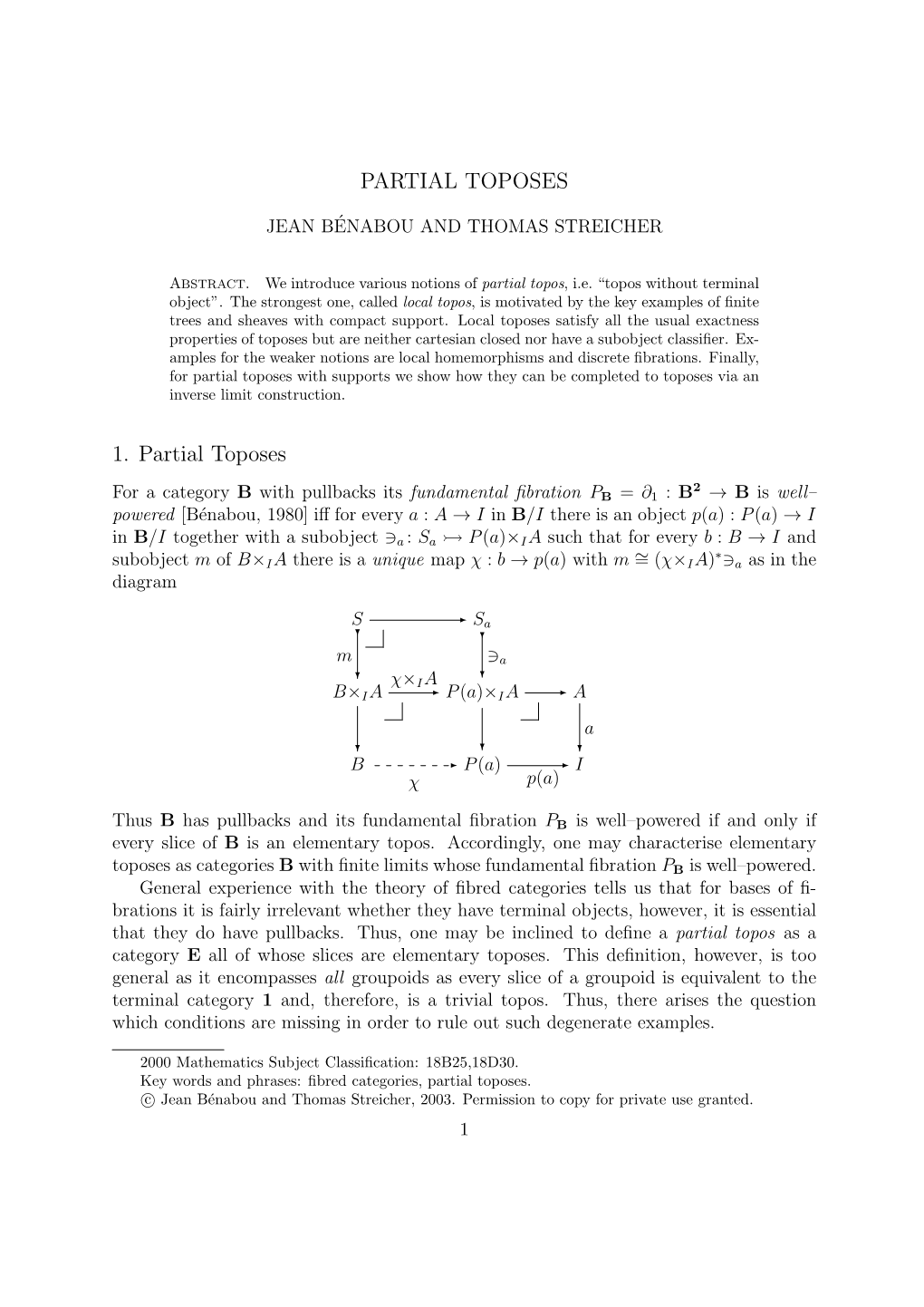 PARTIAL TOPOSES 1. Partial Toposes