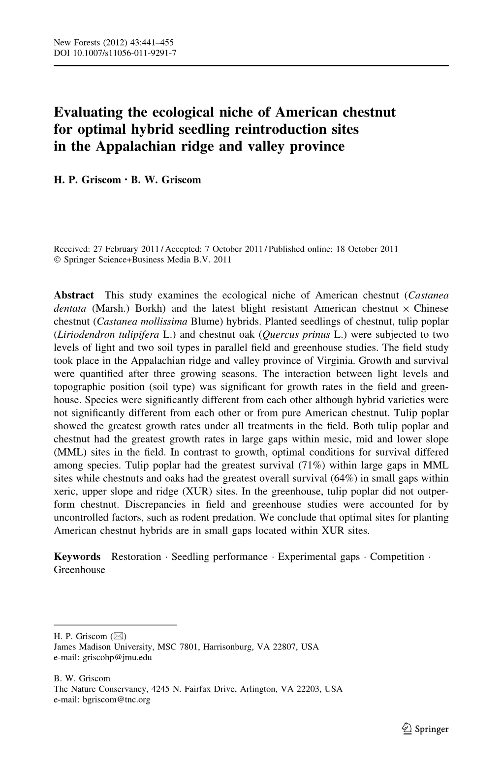 Evaluating the Ecological Niche of American Chestnut for Optimal Hybrid Seedling Reintroduction Sites in the Appalachian Ridge and Valley Province