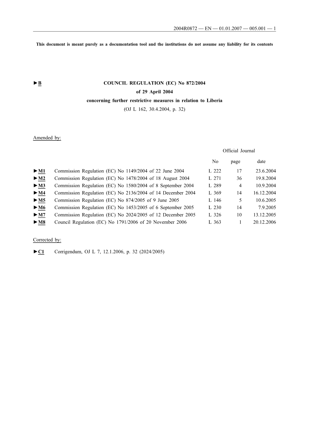 B COUNCIL REGULATION (EC) No 872/2004 of 29 April 2004 Concerning Further Restrictive Measures in Relation to Liberia (OJ L 162, 30.4.2004, P