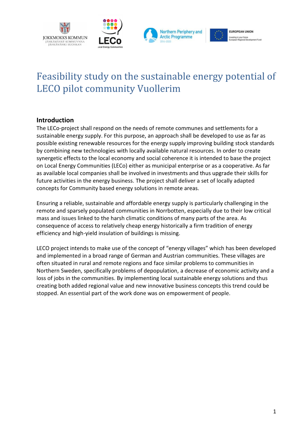 Feasibility Study on the Sustainable Energy Potential of LECO Pilot Community Vuollerim